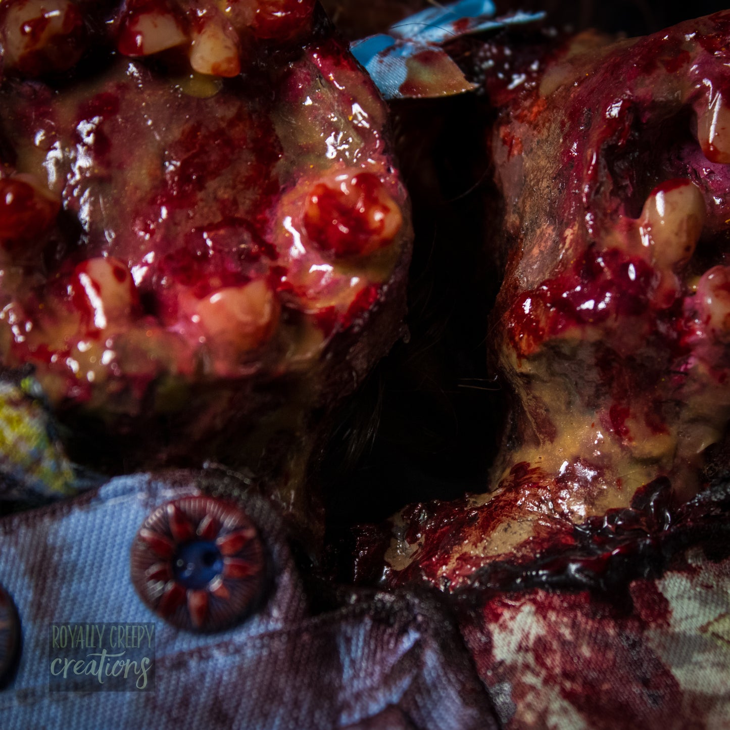 Close-up of a horror doll with a dark background