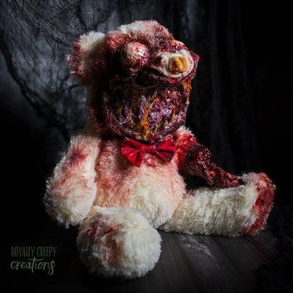 Creepy teddy bear with sharp teeth and gore details.