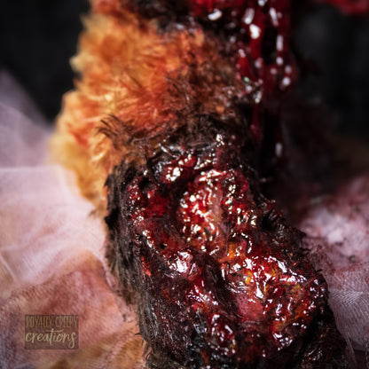 Close-upview of horror teddy bear's gory arm.