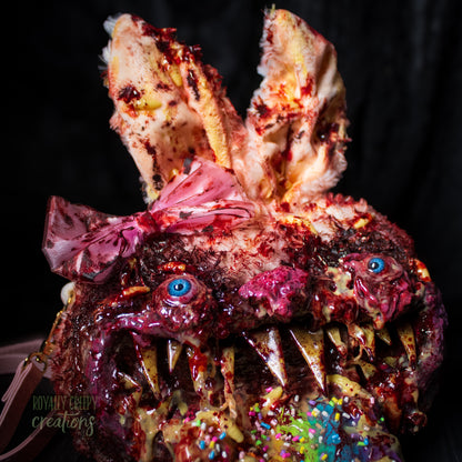 Close-up of a horror-themed bunny purse featuring a monstrous face with sharp teeth, blue eyes, a pink bow, and a colorful tongue covered in sprinkles, set against a dark background.