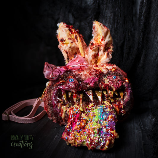 A horror-themed bunny purse featuring a monstrous face with sharp teeth, blue eyes, a pink bow, and a colorful tongue covered in sprinkles, set against a dark background.