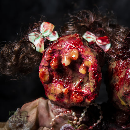 Close-up of female head of conjoined horror doll with a gaping mouth filled with teeth covering entire face.