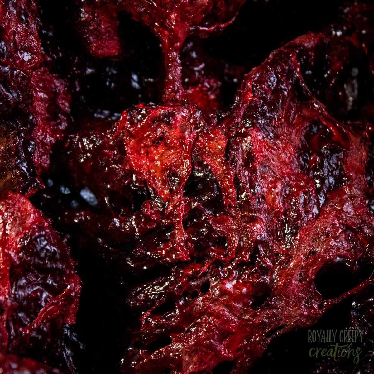 A close-up of gory bloody skeleton ribs.