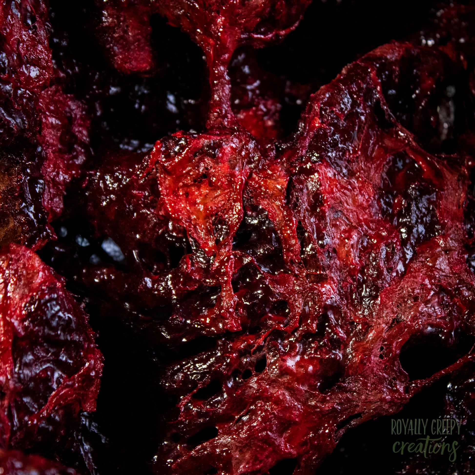 A close-up of gory bloody skeleton ribs.